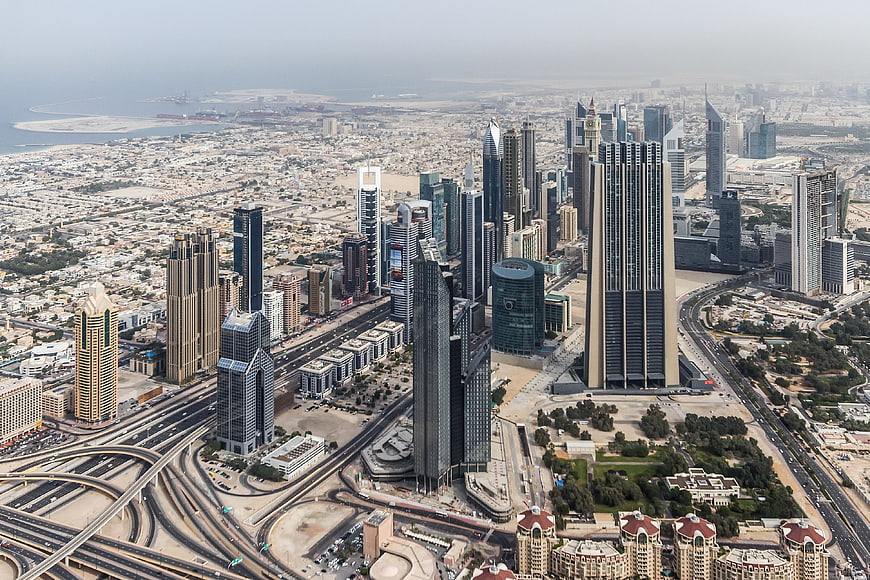 Aerial View of Dubai Downtown Skyline and Modern Skyscrapers