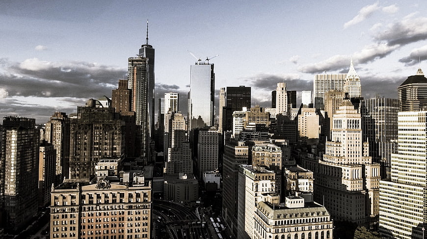 Aerial View of New York City Skyline with Skyscrapers