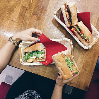 Top View of Vietnamese Banh Mi Sandwiches on Wooden Table