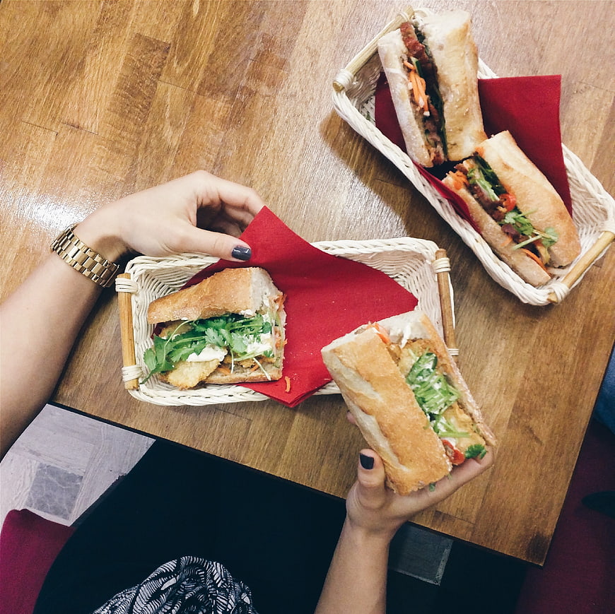 Top View of Vietnamese Banh Mi Sandwiches on Wooden Table