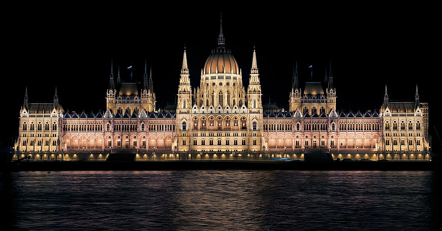 Hungarian Parliament Building Illuminated at Night in Budapest