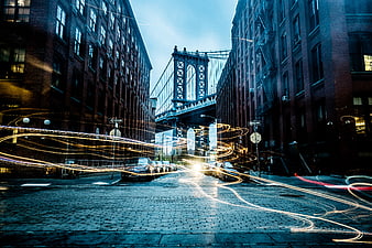 Long Exposure Manhattan Bridge Cobblestone Street Light Trails