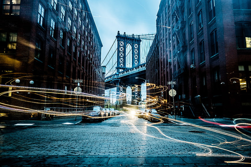 Long Exposure Manhattan Bridge Cobblestone Street Light Trails