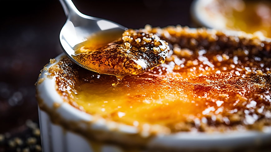 Close-up of Crème Brûlée with Cracked Caramelized Sugar Top