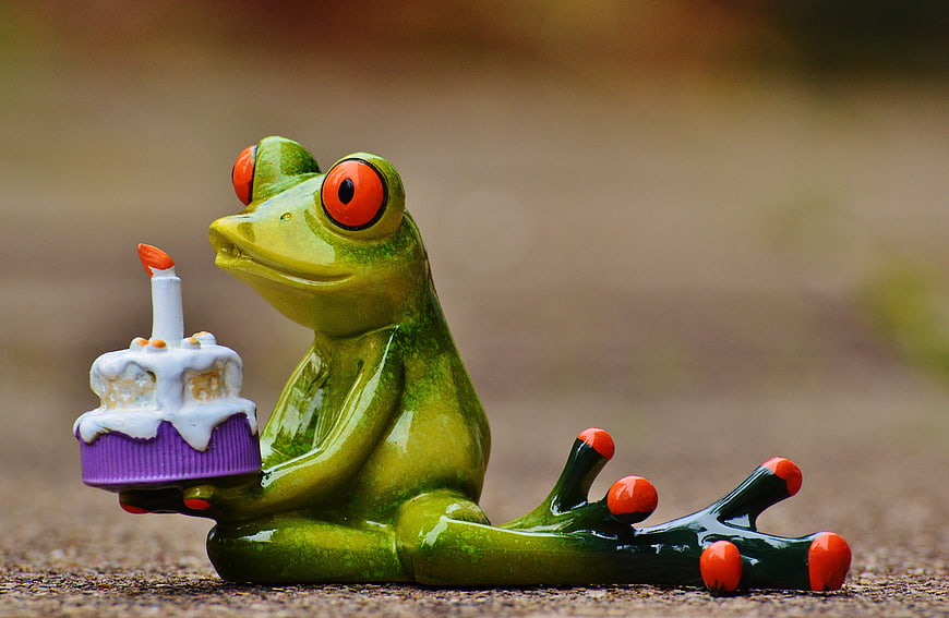 Cute Green Ceramic Frog Figurine Holding Birthday Cake
