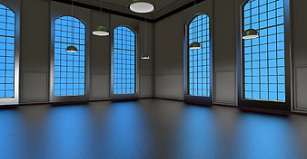 Empty 3D Interior Room with Arched Windows and Blue Sky