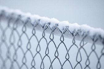 Close-up of snow-covered chain-link fence in winter