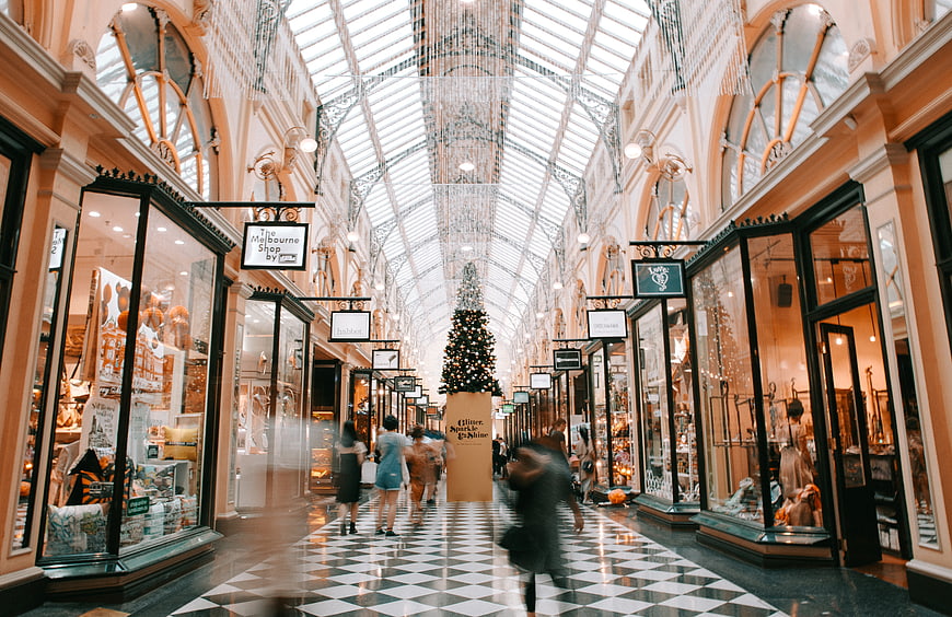Interior of Queen Victoria Market with Christmas Tree and Shoppers