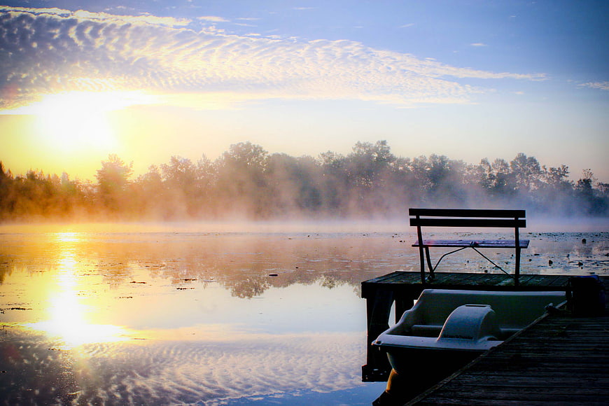 Misty Lake Sunrise with Wooden Dock and Bench