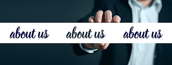 Businessman holding white banner with about us text