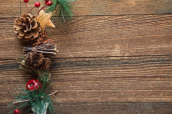 Rustic Christmas Decoration on Wooden Background with Copy Space