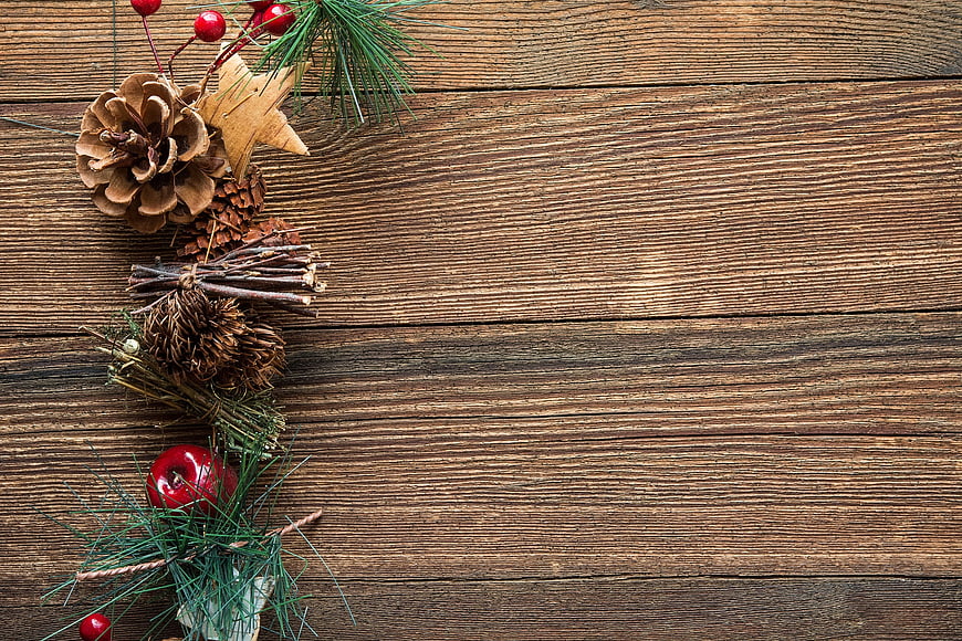 Rustic Christmas Decoration on Wooden Background with Copy Space