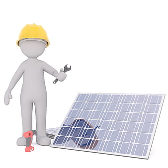 3D cartoon worker installing solar panel with tools