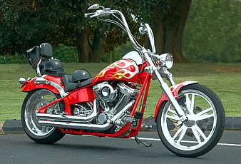 Red Custom Chopper Motorcycle With Flame Paint Job