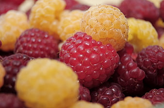 Close-up of fresh red and yellow raspberries