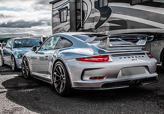 Silver Porsche 911 GT3 Rear View at Car Show