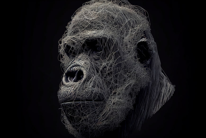 Abstract 3D Wireframe Gorilla Head on Black Background