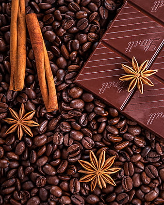 Flat lay of coffee beans, dark chocolate, cinnamon, and star anise