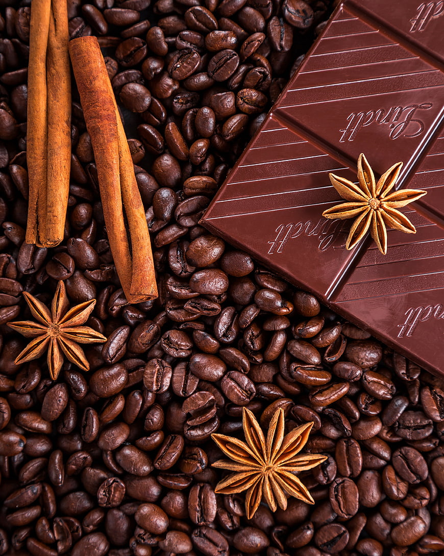 Flat lay of coffee beans, dark chocolate, cinnamon, and star anise