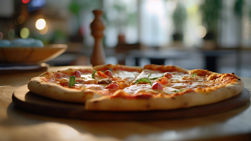 Freshly baked pizza on wooden board in restaurant