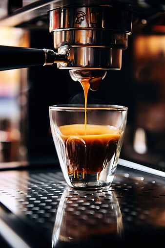 Espresso pouring into glass cup from machine