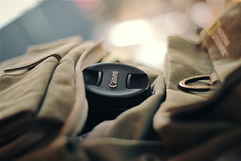 Canon Camera Lens Cap in Khaki Bag