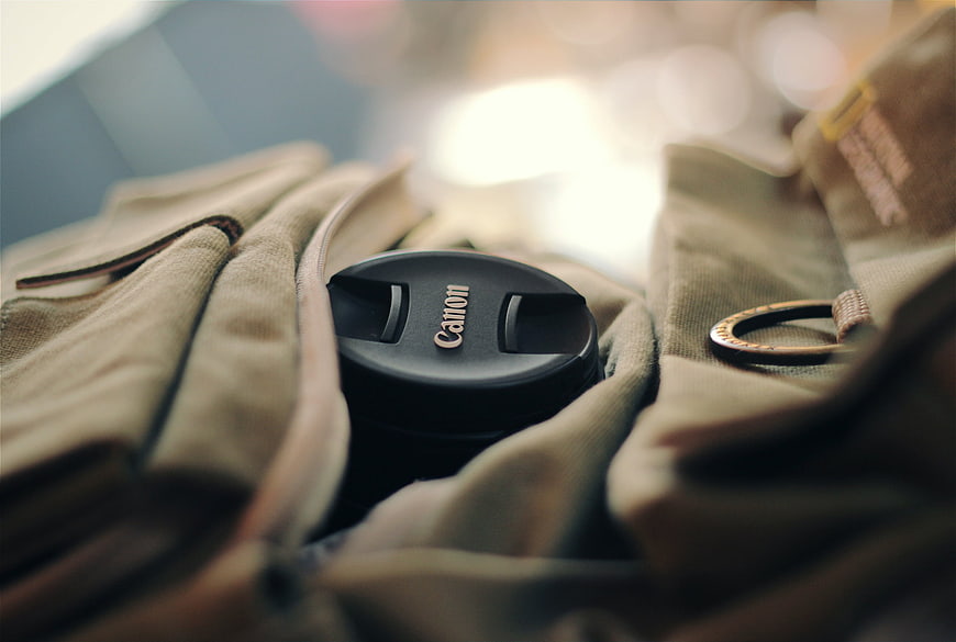 Canon Camera Lens Cap in Khaki Bag