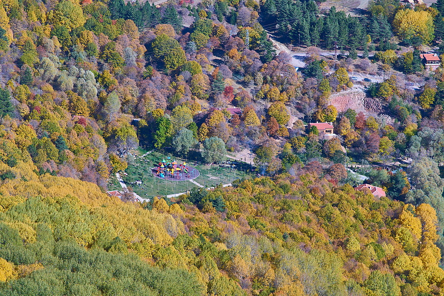 Aerial View of Colorful Autumn Forest with Playground