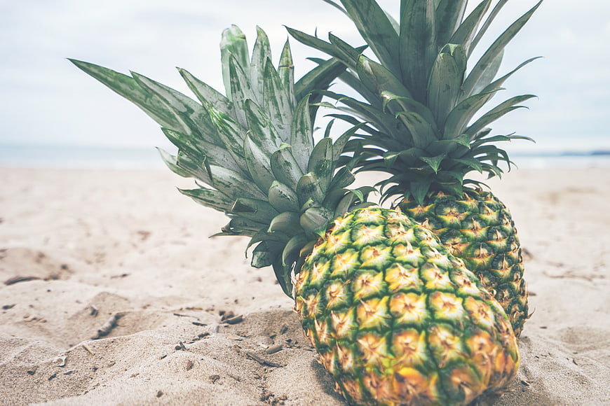 Two Fresh Pineapples on Sandy Beach with Ocean Background