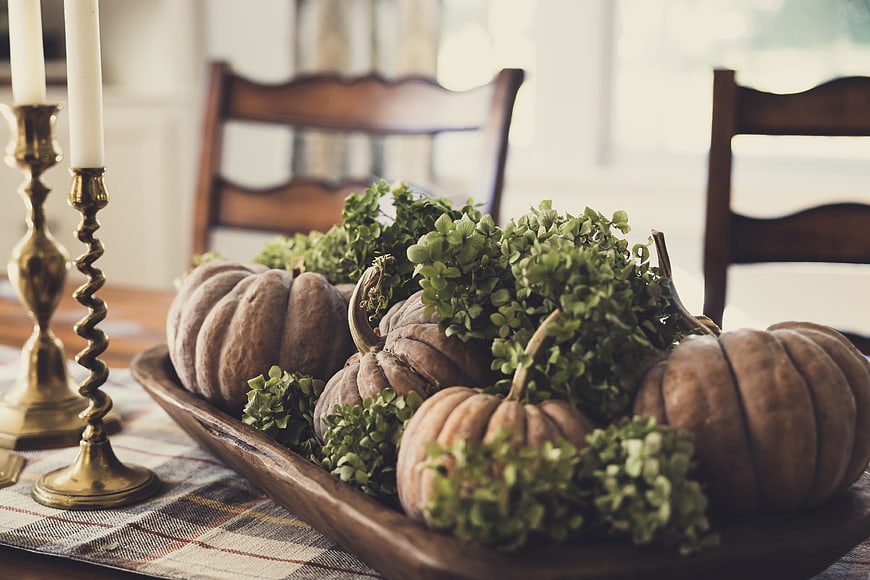 Rustic Autumn Pumpkin Centerpiece with Greenery and Candles