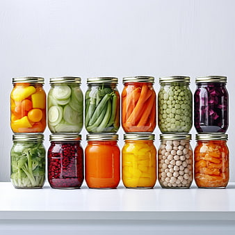 Colorful jars of pickled vegetables on white background