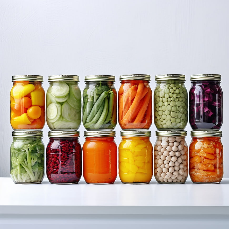 Colorful jars of pickled vegetables on white background