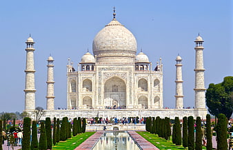 Taj Mahal Front Facade With Reflection Pool And Tourists