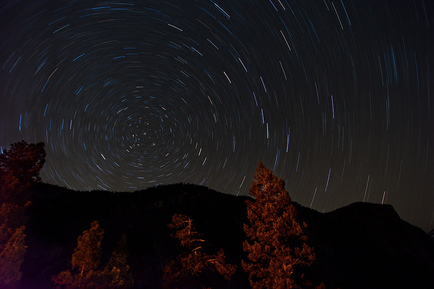 Star Trails Long Exposure Night Sky Over Silhouetted Forest