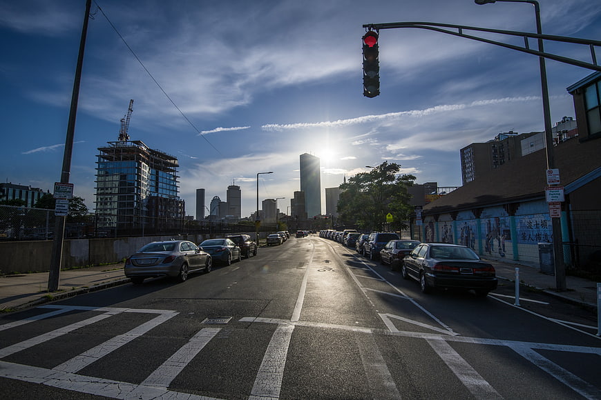 Urban Street View with Downtown Skyline and Construction
