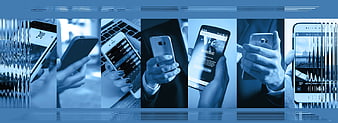 Blue monochrome collage of hands using smartphones and technology
