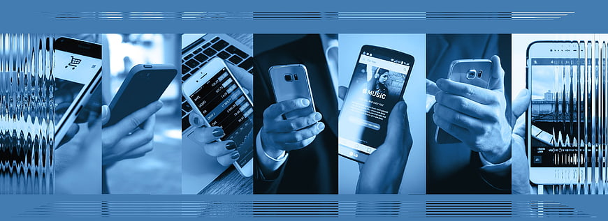 Blue monochrome collage of hands using smartphones and technology