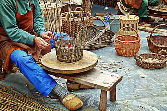 Traditional Basket Weaver Crafting Wicker Baskets