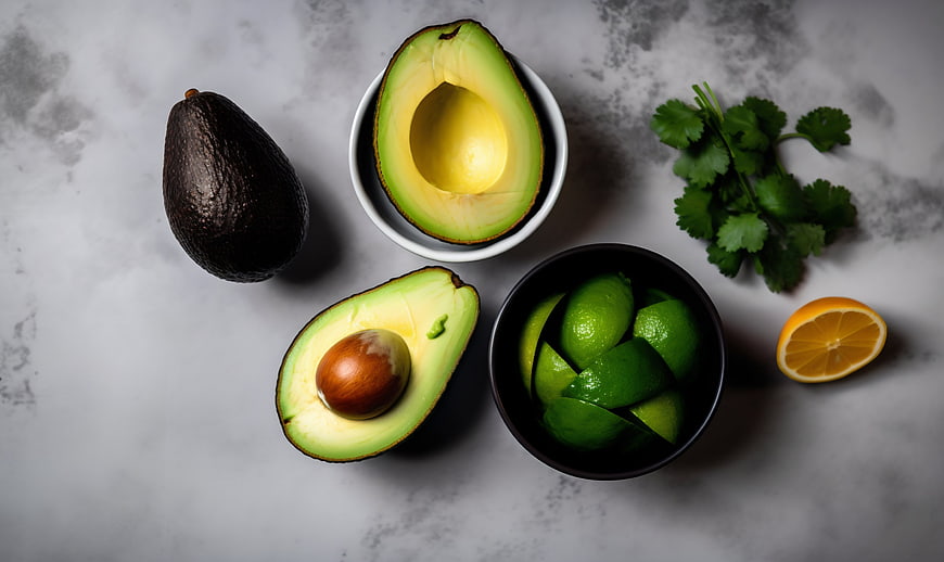 Fresh Avocado, Limes, and Cilantro Flat Lay on Gray Background