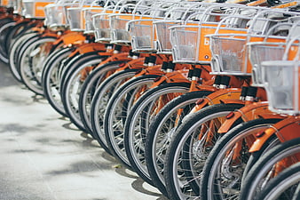Row of orange bicycles parked on city street