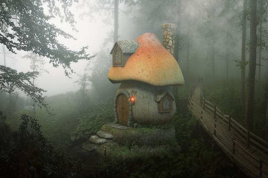 Fantasy Mushroom House In Misty Forest With Wooden Bridge