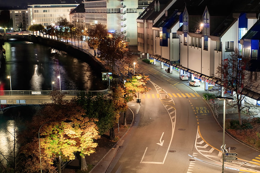 Night view of Thun Switzerland river road autumn