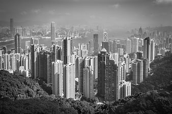 Black and white aerial view of Hong Kong city skyline and skyscrapers