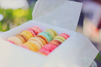 Colorful French Macarons in White Box