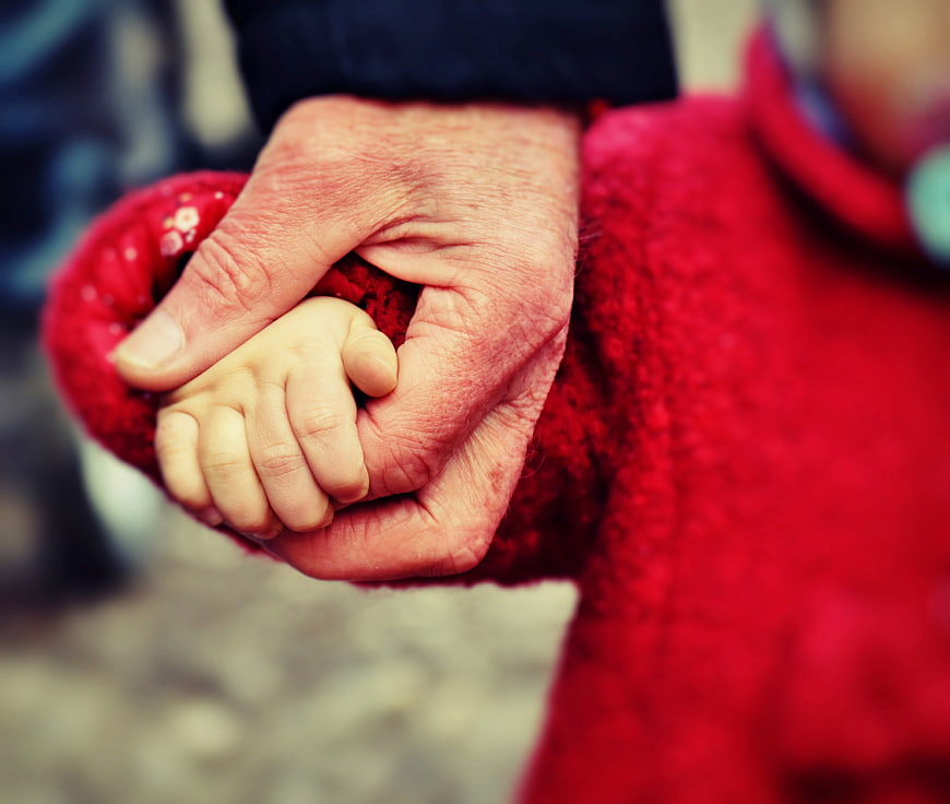 Close-up of adult hand holding baby hand in red sweater