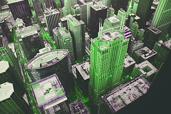 Aerial View of Chicago Skyline with Green Digital Overlay