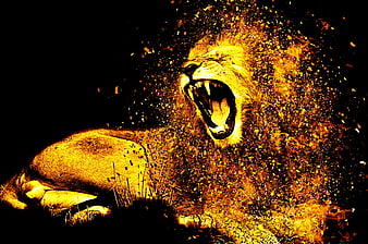 Artistic roaring lion dissolving into golden particles