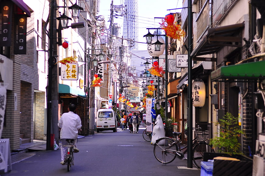 Narrow Traditional Street in Asakusa, Tokyo, Japan with Lanterns and Shops