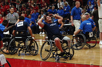 Wheelchair basketball player celebrating victory on court