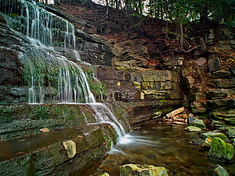 Serene Waterfall Cascading Over Mossy Rocks in Forest